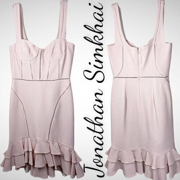 JONATHAN SIMKHAI Powder Pink Bustier Ruffle Wool Blend Mini Dress, Size 4 - Picture 4 of 10